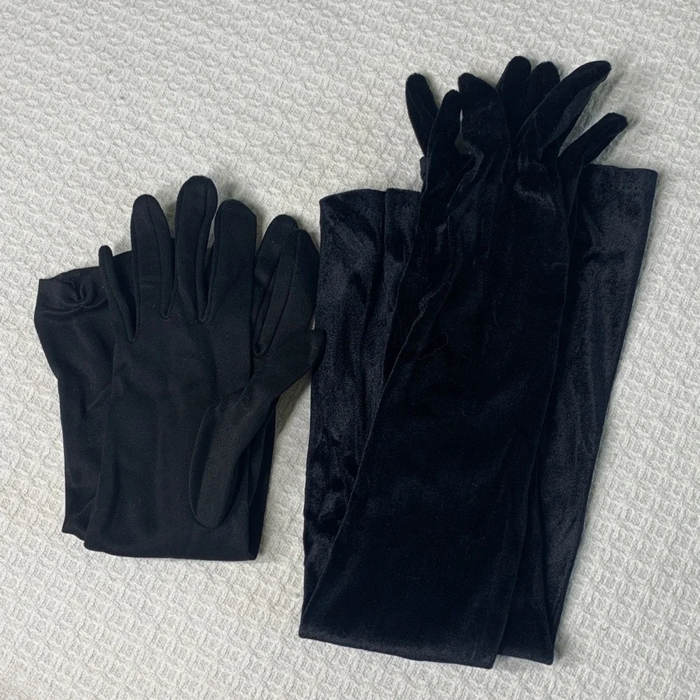 Two pair formal gloves- velvet above elbow and non velvet forearm length